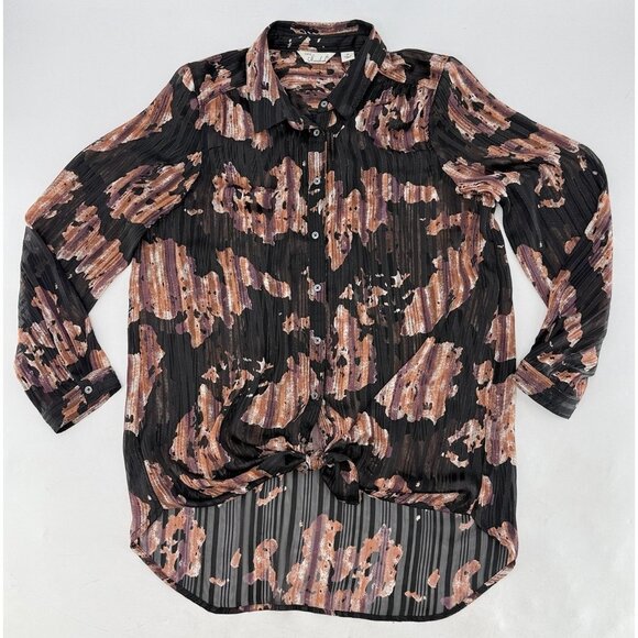 Caffe Marrakesh‎ Black Striped Chiffon Button Tie Front Blouse Size M Preppy - Picture 3 of 11